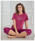 Mihra Kadın Bisiklet Yaka COMPACT PENYE Likralı KAPRİ Kısa Kol Pijama Takımı 90753M - 1 Adet  S - M Mürdüm thumbnail 1