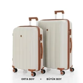 MÇS Bavul Büyük ve Orta 2li Set Kırılmaz Silikon Valiz V305 Kemik/Kahve - 1