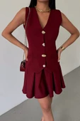 YELEK - PİLELİ ETEK GÖRÜNÜMLÜ ELBİSE - Bordo - 3