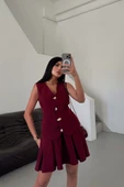 YELEK - PİLELİ ETEK GÖRÜNÜMLÜ ELBİSE - Bordo - 1