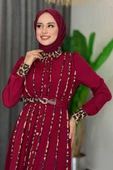 Leopar Biyeli Kemerli Elbise 3930 Bordo - 4