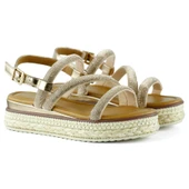 Erkan Saçmacı Bronz Üç Bant Taşlı İnci Detaylı Zikzak Örgülü Platform Sandalet - 3