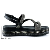 Erkan Saçmacı Siyah Üç Bant Taşlı İnci Detaylı Zikzak Örgülü Platform Sandalet - 2