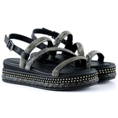 Erkan Saçmacı Siyah Üç Bant Taşlı İnci Detaylı Zikzak Örgülü Platform Sandalet - 3