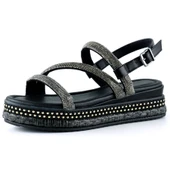 Erkan Saçmacı Siyah Üç Bant Taşlı İnci Detaylı Zikzak Örgülü Platform Sandalet - 1