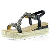 Erkan Saçmacı Siyah Kristal Taşlı Elastik Bantlı Zikzak Örgü Jüt Platform Topuklu Sandalet - 1