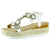 Erkan Saçmacı Beyaz Kristal Taşlı Elastik Bantlı Zikzak Örgü Jüt Platform Topuklu Sandalet - 1
