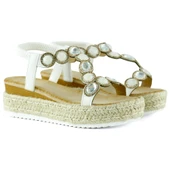 Erkan Saçmacı Beyaz Kristal Taşlı Elastik Bantlı Zikzak Örgü Jüt Platform Topuklu Sandalet - 3