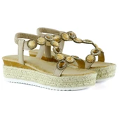 Erkan Saçmacı Bej Kristal Taşlı Elastik Bantlı Zikzak Örgü Jüt Platform Topuklu Sandalet thumbnail 3