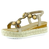 Erkan Saçmacı Bej Kristal Taşlı Elastik Bantlı Zikzak Örgü Jüt Platform Topuklu Sandalet thumbnail 1