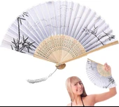 Beluga Yelpaze Bambu Serinletici Vintage Bej Şık Dekorasyon Püsküllü Japon Yelpaze 0242 - 3