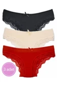 DONLİZZA Dantelli Bikini Kırmızı, Siyah, Ten 3 Adet - 1