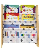 Doğal Ahşap Montessori Çocuk Kitaplığı Mavi Kumaşlı - 1