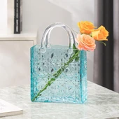 Çanta Vazo Köşeli Model Cam Çiçek Vazosu Dekoratif Mavi Vazo Büyük Boy Glass Bag Vase - 1