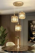 Luna Lighting Radiosa Gold Renk Kristal Taşlı Dekoratif Modern Salon Mutfak Hol Oda Antre Üçlü Sarkıt Avize - 1