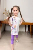 Çiçek Desenli Lila Renk Kız Çocuk Kapri Taytlı Takım - 1