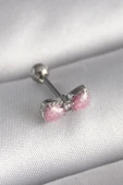 316L Çelik Gümüş Renk Pembe Kurdele Zirkon Taş Detay Tragus Piercing - TJ-PR1295 - 1