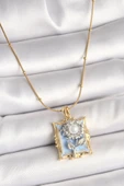 316L Çelik Gold Renk Zincir Gümüş İncili Gül Mavi Portre Model Kadın Kolye - TJ-BKO9905 - 1