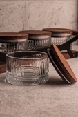 Snippy Grade Bella Yuvarlak 5 Parça Tepsili Ahşap Vakumlu Kapaklı Tepsili Cam Kahvaltılık Çerezlik 235 ml - 5