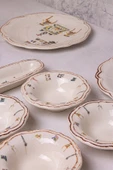 Snippy Family-14 Parça Porselen Kenarları Silik Vintage Tuval Model Kahvaltı Takımı 6 Kişilik Kahvaltı Seti - 6