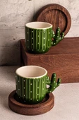 Snippy Kaktüs - 4 Parça 2 Kişilik El Yapımı Seramik Ahşap Tabaklı Türk Kahvesi Espresso Fincan Seti - 7