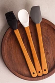 Snippy Daily - 3'lü Bambu Saplı Silikon Spatula Seti 21 cm Mutfak Seti Kaşık Spatula Seti - 3
