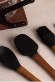 Snippy Milly Siyah - 4'lü Akasya Saplı Siyah Silikon Spatula Seti 21 cm Mutfak Seti Doğal Kaşık Seti - 7