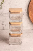Snippy Bella Soft Kare 3'lü Ahşap Vakumlu Kare Kapaklı Cam Kahvaltılık Çok Amaçlı Cam Çerezlik 230 ml - 1