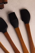 Snippy Milly Siyah - 4'lü Akasya Saplı Siyah Silikon Spatula Seti 21 cm Mutfak Seti Doğal Kaşık Seti - 4