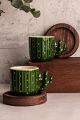 Snippy Kaktüs - 4 Parça 2 Kişilik El Yapımı Seramik Ahşap Tabaklı Türk Kahvesi Espresso Fincan Seti - 1