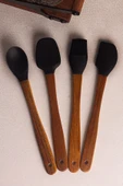 Snippy Milly Siyah - 4'lü Akasya Saplı Siyah Silikon Spatula Seti 21 cm Mutfak Seti Doğal Kaşık Seti - 1