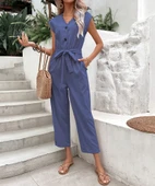 Keten Kadın V Yaka Lacivert Tek Sıra Düğmeli Kolsuz Tulum thumbnail 2