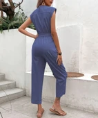 Keten Kadın V Yaka Lacivert Tek Sıra Düğmeli Kolsuz Tulum thumbnail 3