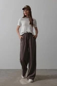 Beli Lastikli Bol Paça Pantolon - Kahve - 3