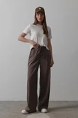 Beli Lastikli Bol Paça Pantolon - Kahve - 4