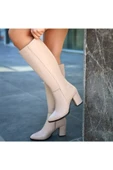Shoes Kadın Krem 7cm Topuklu Deri Görünümlü Çizme - 3
