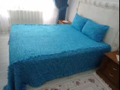 Tavşan Tüyü Peluş El Dokuma Yumuşak Dokulu Çift Kişilik Yatak Örtüsü (280x260)-mavi - 3