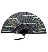 Beluga Yelpaze Bambu Kumaş Serinletici Vintage Siyah Şık Dekorasyon Püsküllü Japon Yelpaze 0174 - 1
