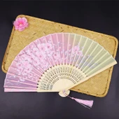 Beluga Yelpaze Bambu Serinletici Vintage Şık Pembe/Yeşil Çiçekli Kalpli Dekorasyon Püsküllü Japon Yelpaze 0211 - 1