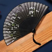 Beluga Yelpaze Bambu Kumaş Serinletici Vintage Siyah Bahar Dalı Kelebekli Şık Dekorasyon Püsküllü Japon Yelpaze 0143 - 2