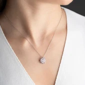 Vaoov 925 Ayar Gümüş Pembe Taşlı Lotus Hediye Kolye thumbnail 3