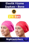 Deluxe Su Geçirmez Sızdırmaz Renkli Silikon Yüzücü Havuz Deniz Bone Elastik Yüzme Şapkası 2'li Set - 1