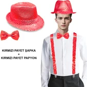 Periboia Kırmızı Payetli Şapka ve Papyon Seti – Parıltılı Yetişkin Kostüm Seti - 1