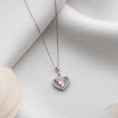 Vaoov 925 Ayar Gümüş Pembe Zirkon Taşlı Kalp Hediye Kolye - 4