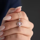 Vaoov 925 Ayar Gümüş Pembe Zirkon Taşlı Kalp Hediye Kolye - 3