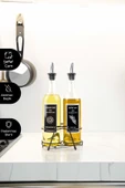 Jenisa 750 ml 2'li Yağlık Seti  Çelik Akıtmaz Tıpalı Standlı Şeffaf Cam Yağdanlık - Siyah thumbnail 2