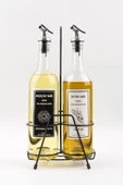 Jenisa 2'li 750 Ml Zeytinyağı Sıvıyağ Şişesi Cam Yağdanlık Siyah Stantlı Akıtıcılı Yağlık 750ml - 1