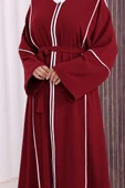 Çizgi Desenli Önü Boydan Fermuarlı Bel Kuşaklı Ferace 7885 Bordo thumbnail 7