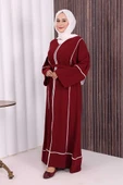 Çizgi Desenli Önü Boydan Fermuarlı Bel Kuşaklı Ferace 7885 Bordo thumbnail 4