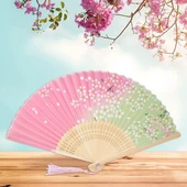 Beluga Yelpaze Bambu Kumaş Serinletici Vintage Pembe/Yeşil Çiçekli Şık Dekorasyon Püsküllü Japon Yelpaze 0402 - 1